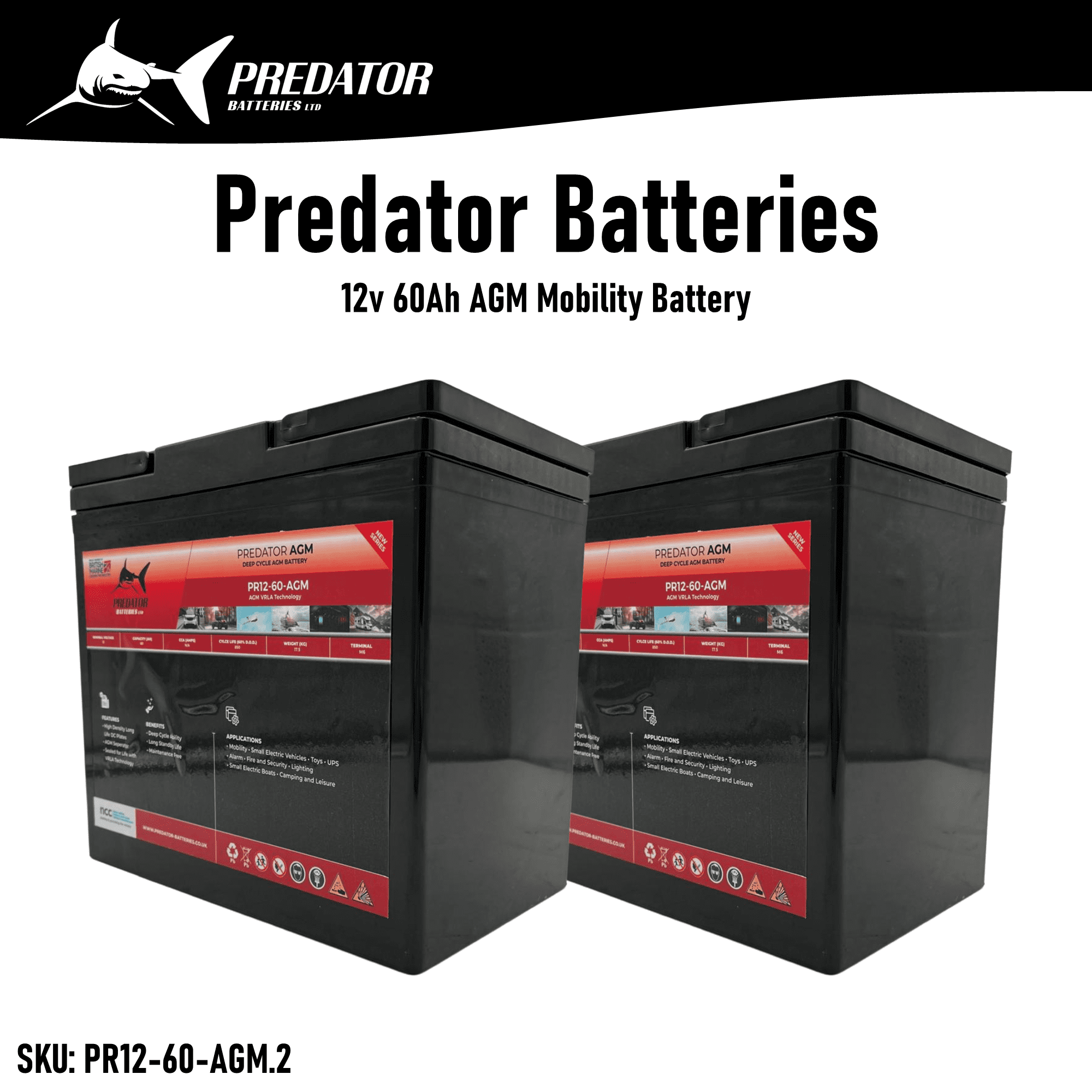 Pair of Predator Batteries 12v 60Ah AGM Mobility Battery – 1 Year Guarantee
