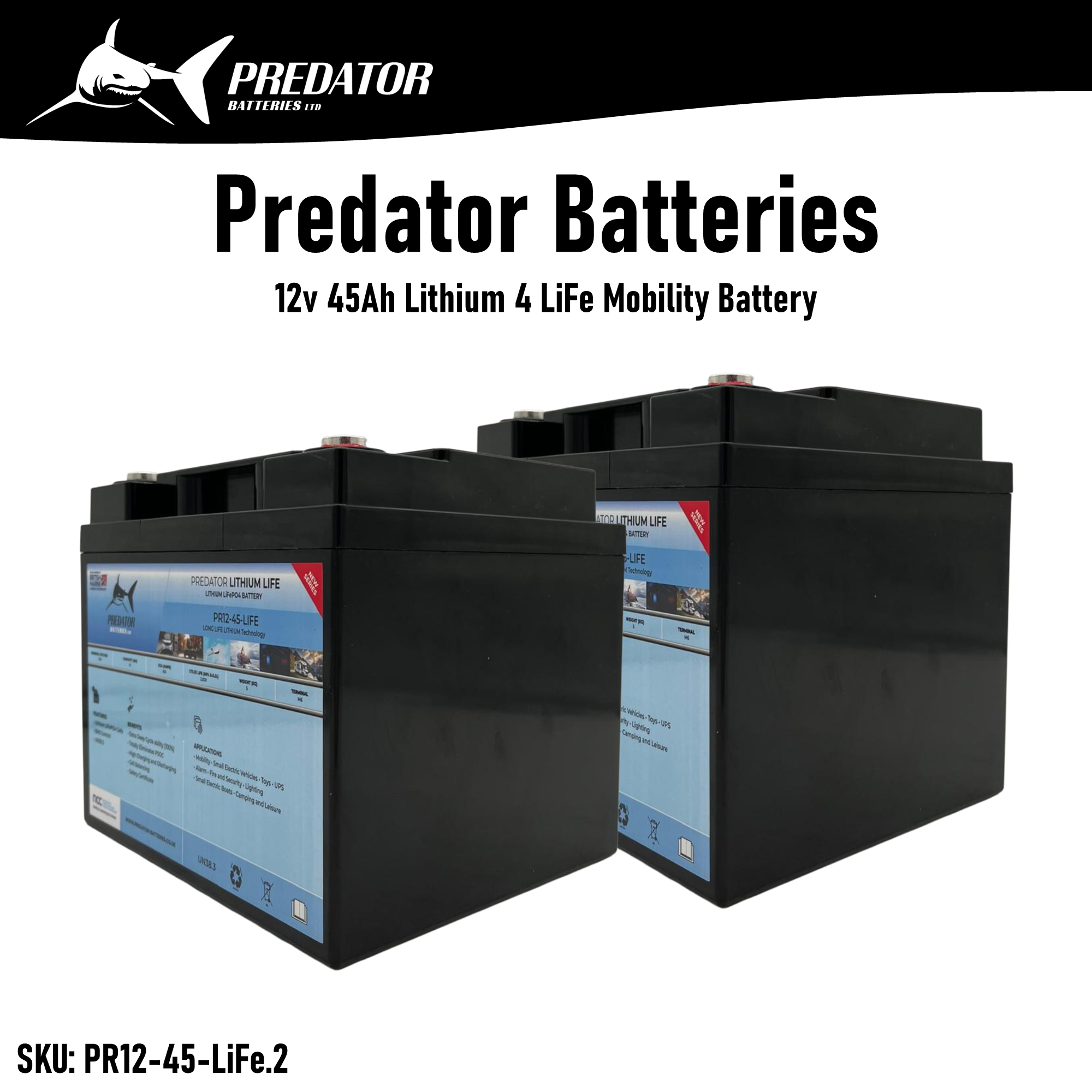 Pair of Predator Batteries 12v 45Ah Lithium 4 LiFe Mobility Battery – 3 Year Guarantee