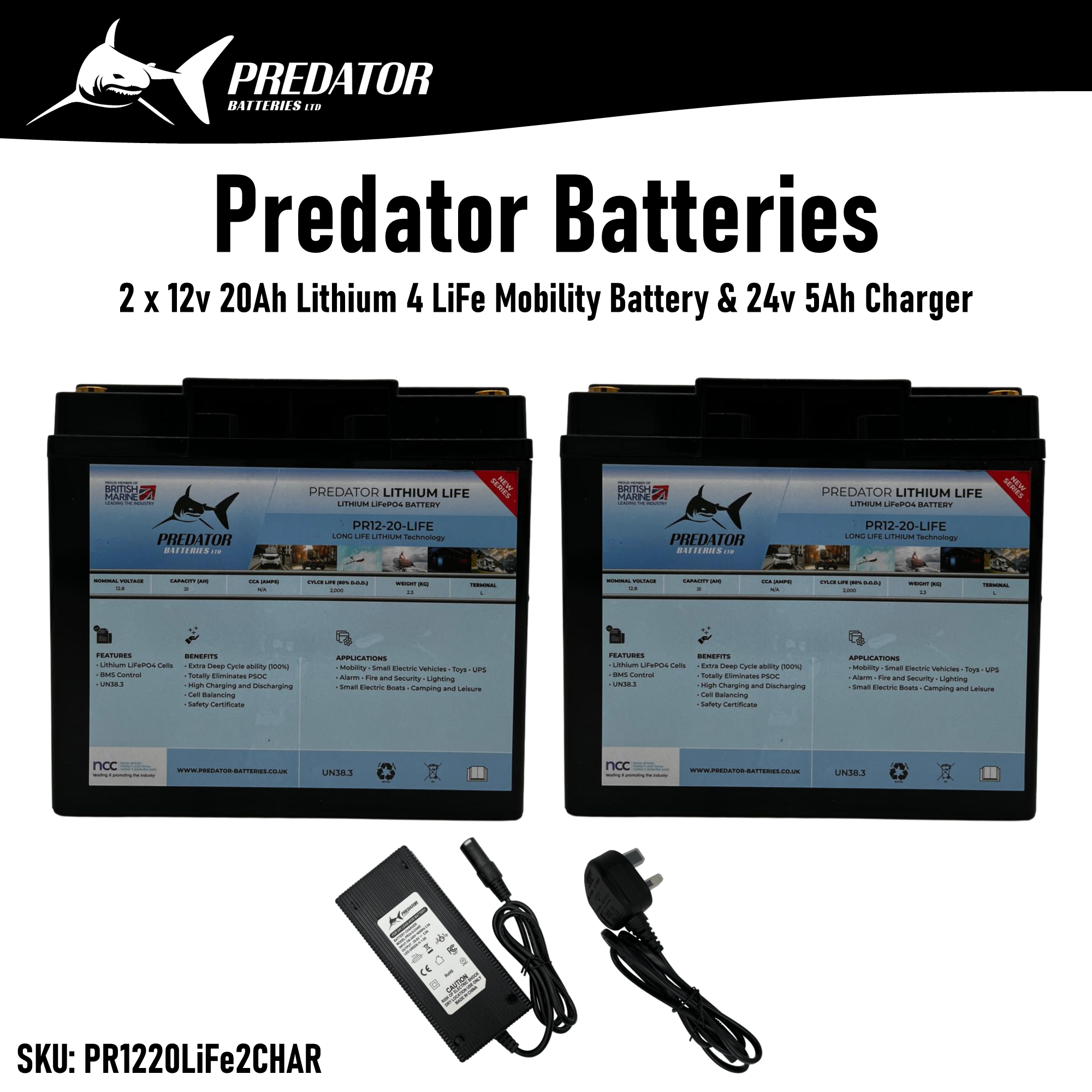 Predator Batteries 2 x 12v 20Ah Lithium 4 LiFe Mobility Battery & 24v 5Ah Charger