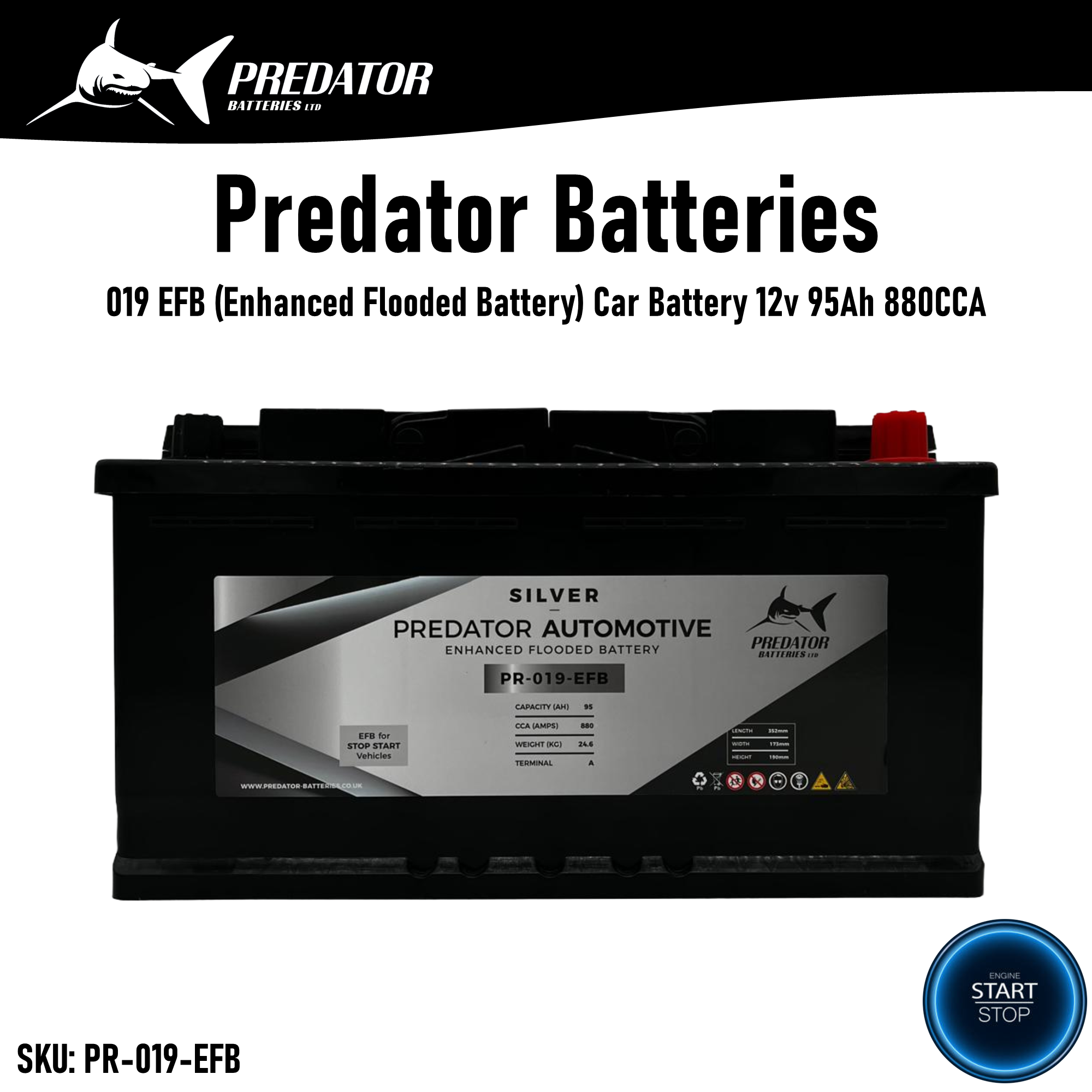 Predator Batteries Silver 019 EFB Car Battery – 4 Year Guarantee