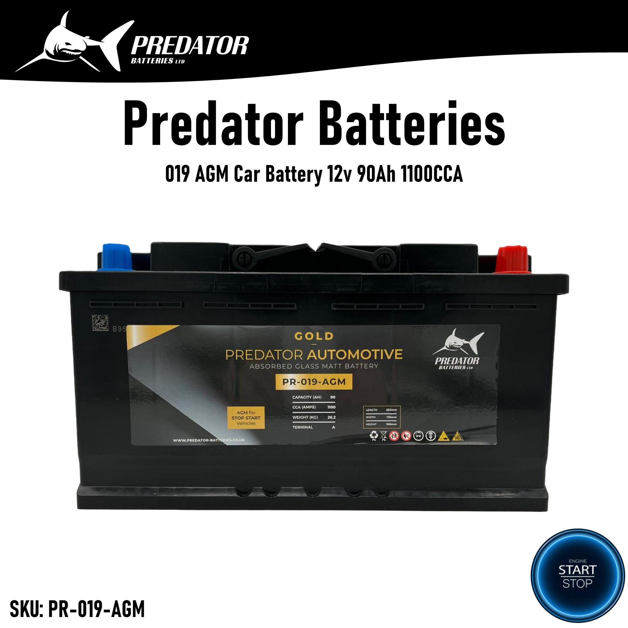 Predator Batteries Gold 019 AGM Car Battery - 5 Year Guarantee