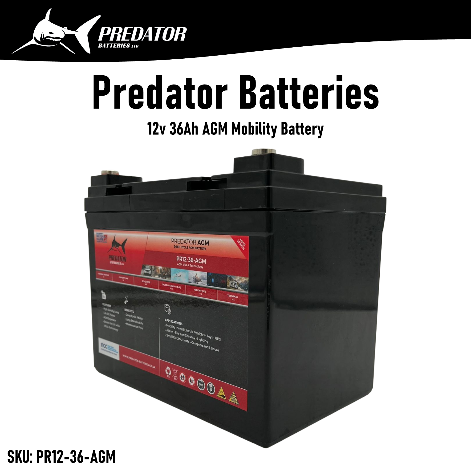 12v 36Ah Predator Batteries AGM Battery