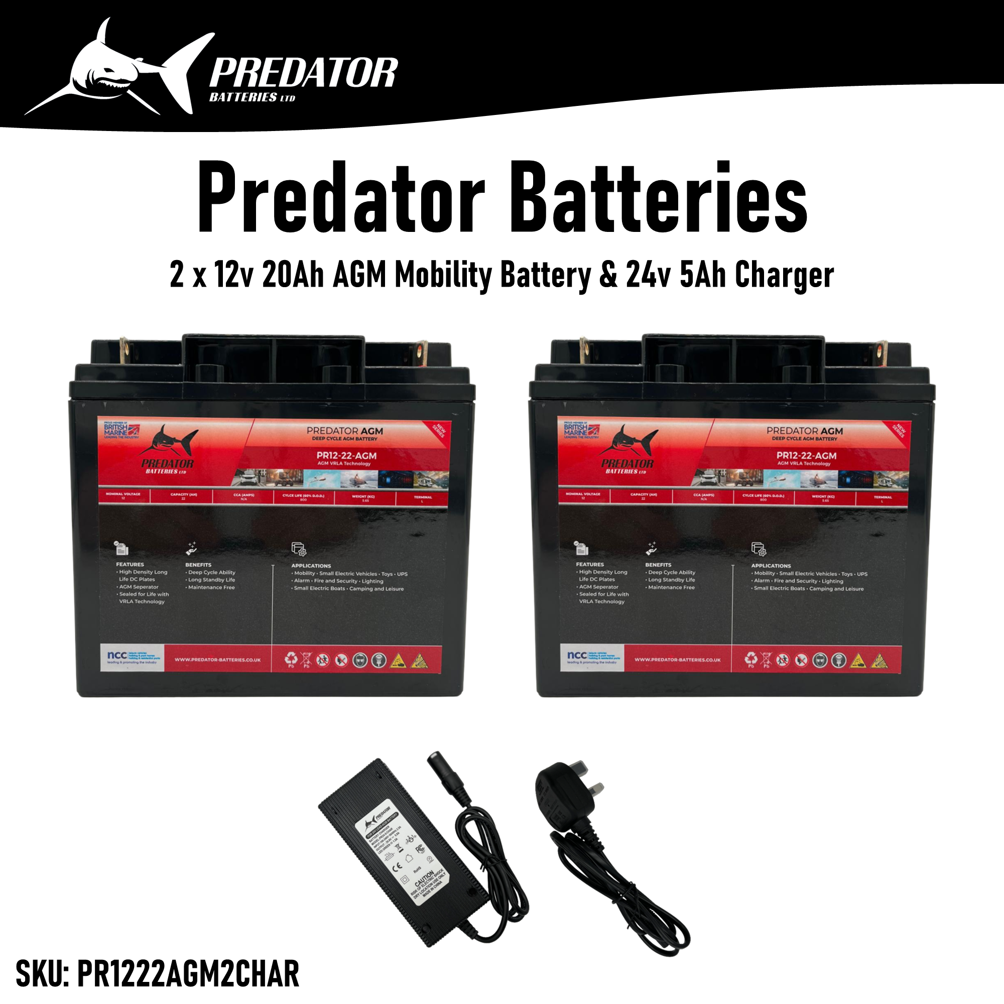 Predator Batteries 2 x 12v 22Ah AGM Battery for Mobility Scooters