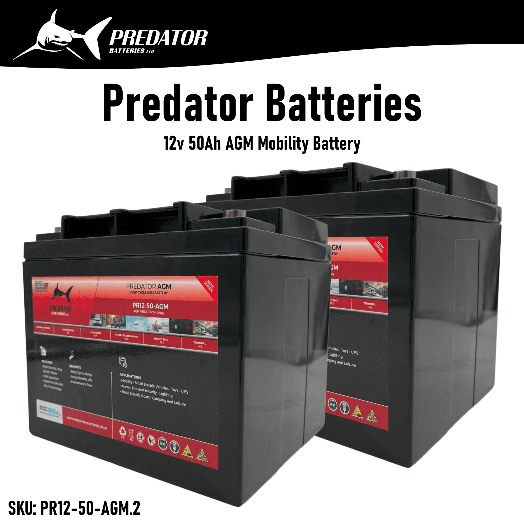 Pair of Predator Batteries 12v 50Ah AGM Mobility Battery – 1 Year Guarantee