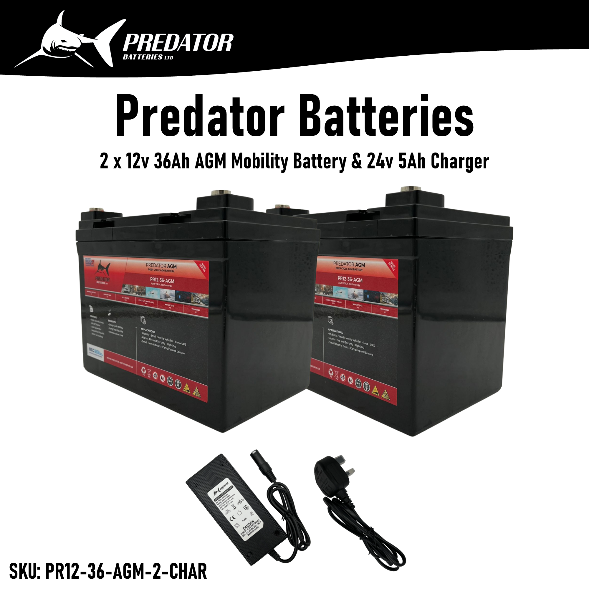Predator Batteries 2 x 12v 36Ah AGM Battery for Mobility Scooters