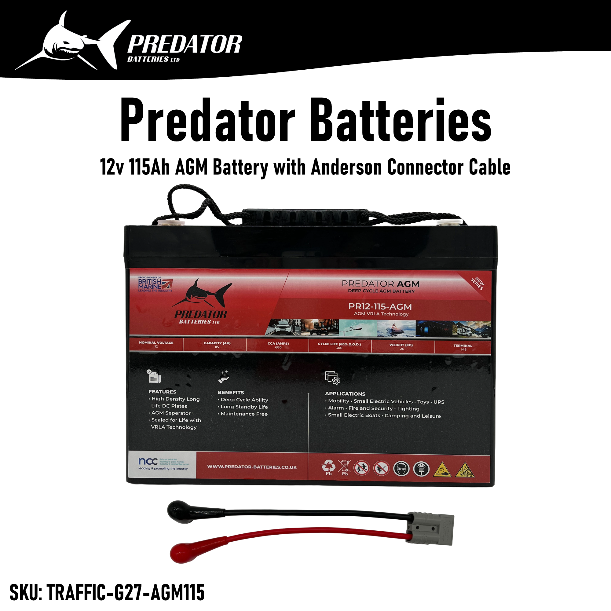 12v 115Ah Predator AGM Battery with Anderson to M8 Eyelet Cable