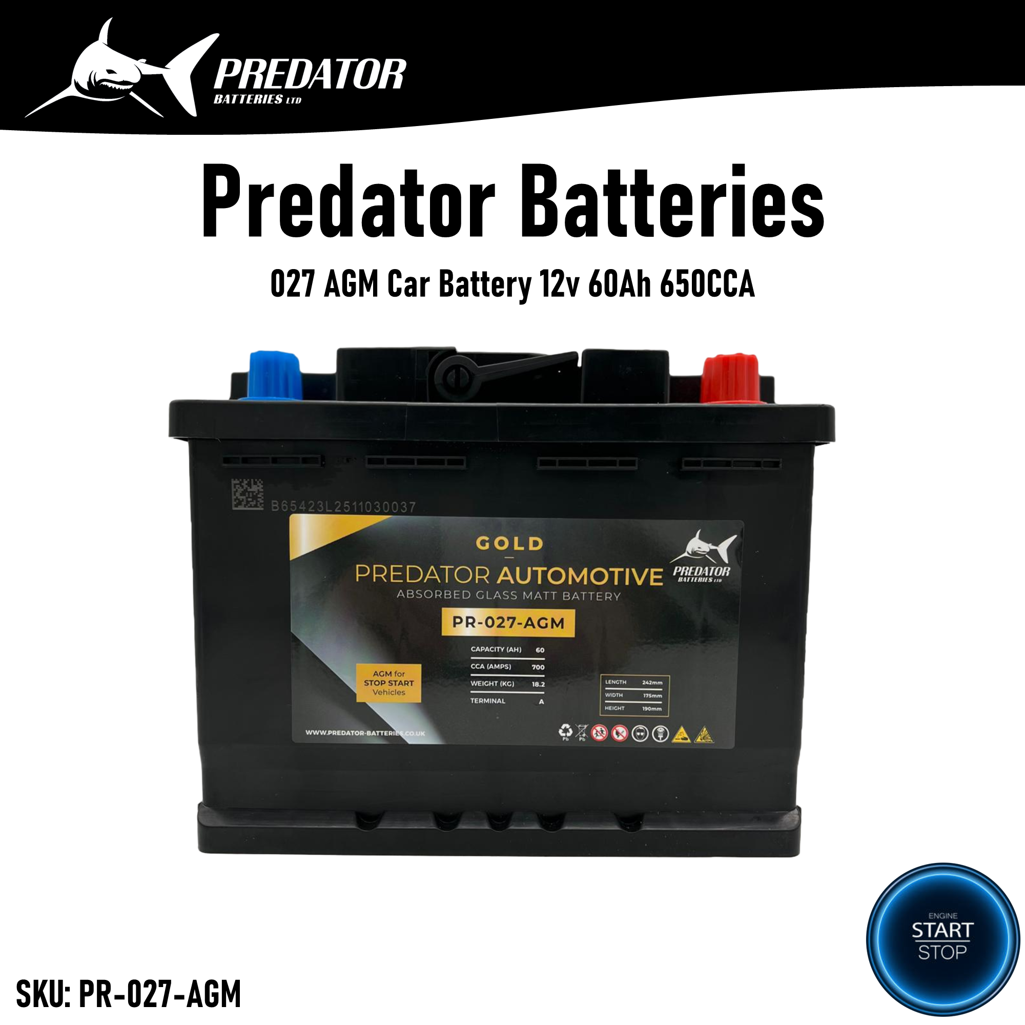 Predator Batteries Gold 027 AGM Car Battery – 5 Year Guarantee