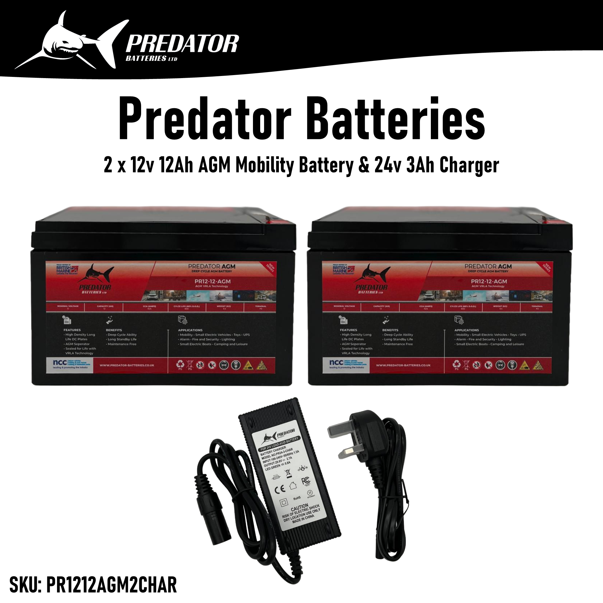 2 x 12v 12Ah AGM Battery for Mobility Scooters + 24v 3Ah Charger