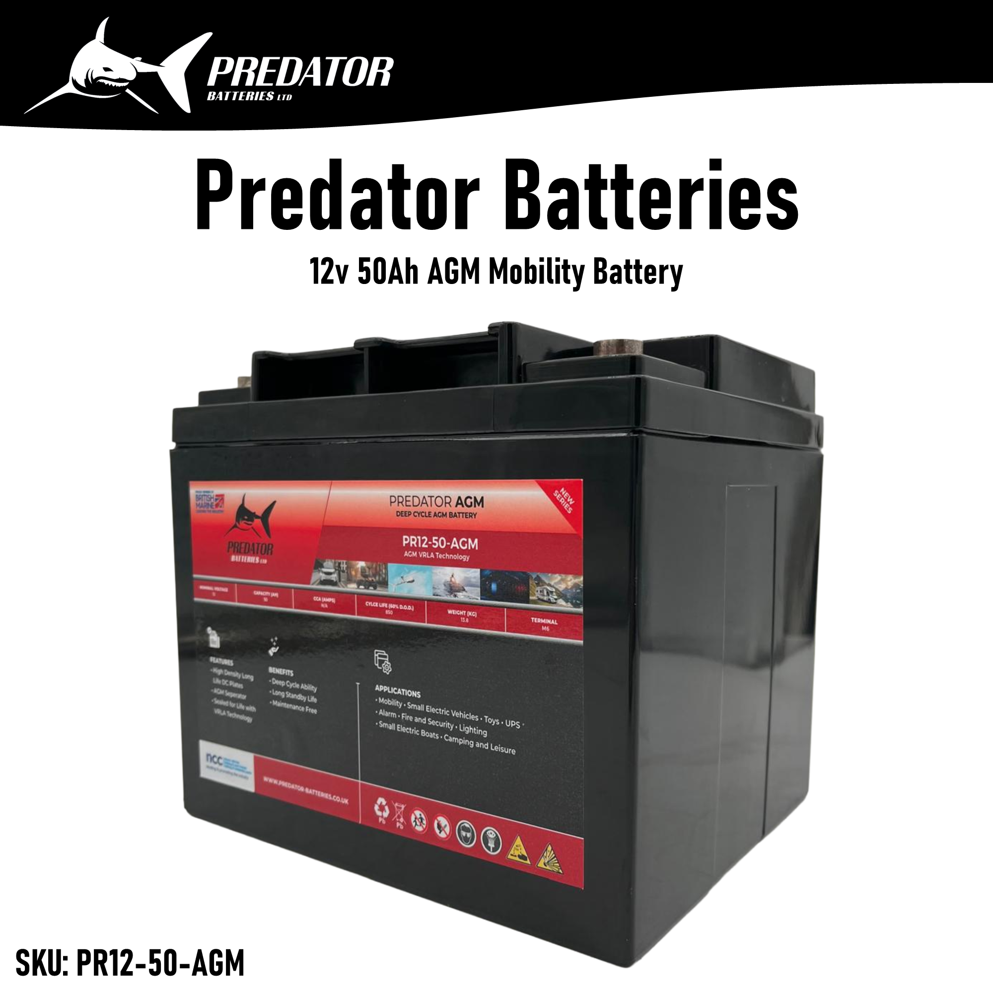 Predator Batteries 12v 50Ah AGM Mobility Battery – 1 Year Guarantee