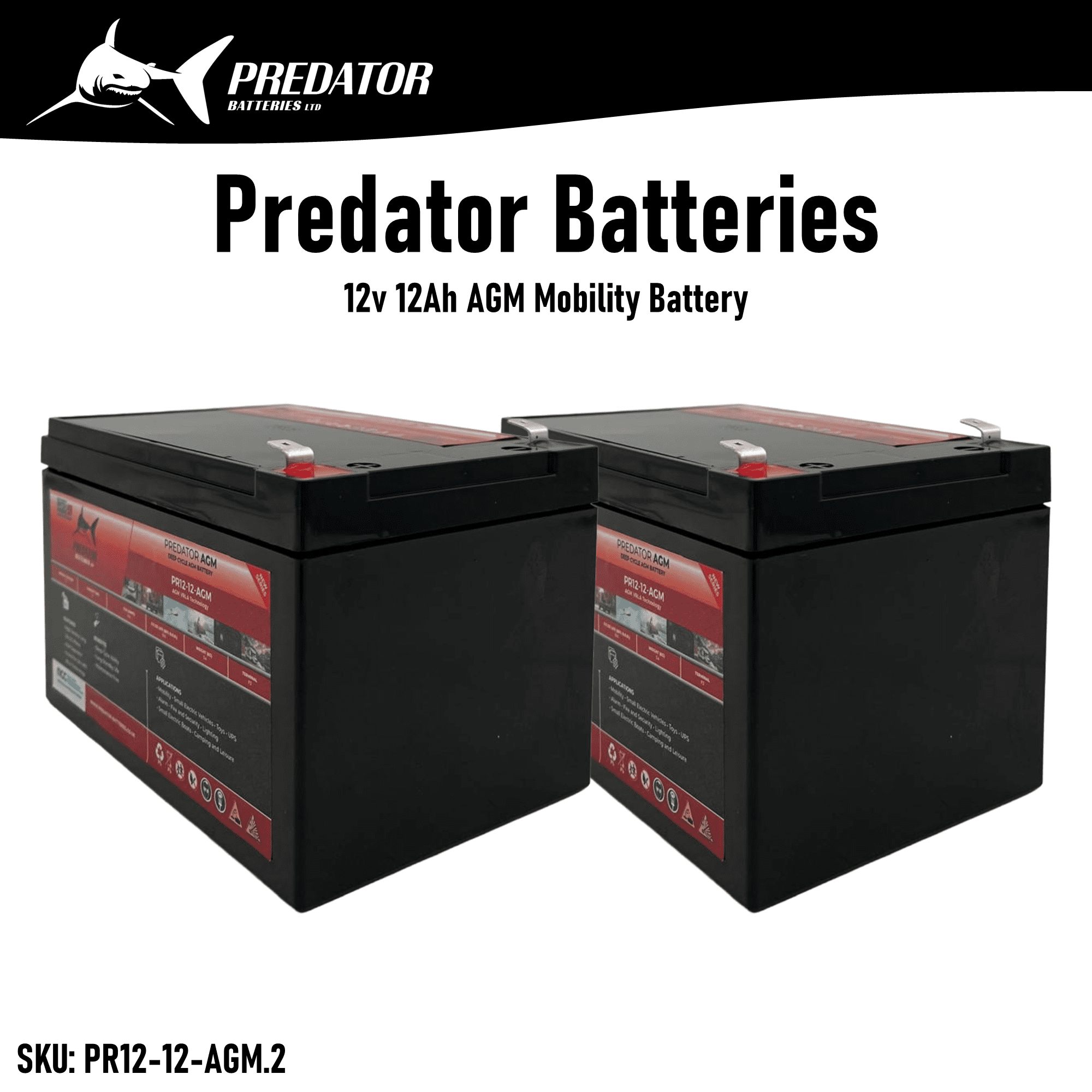 Pair of Predator Batteries 12v 12Ah AGM Mobility Battery – 1 Year Guarantee