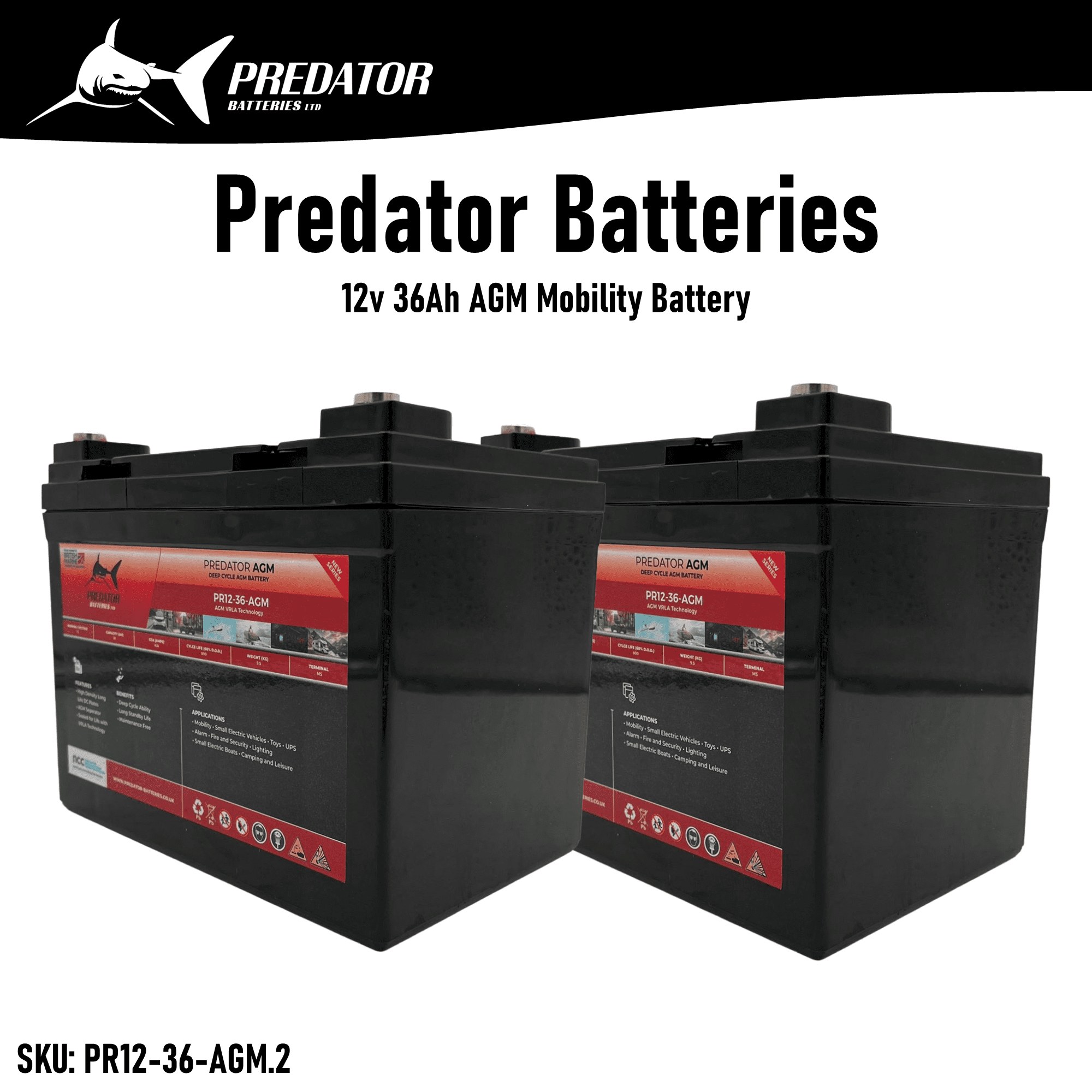 Pair of Predator Batteries 12v 36Ah AGM Mobility Battery – 1 Year Guarantee