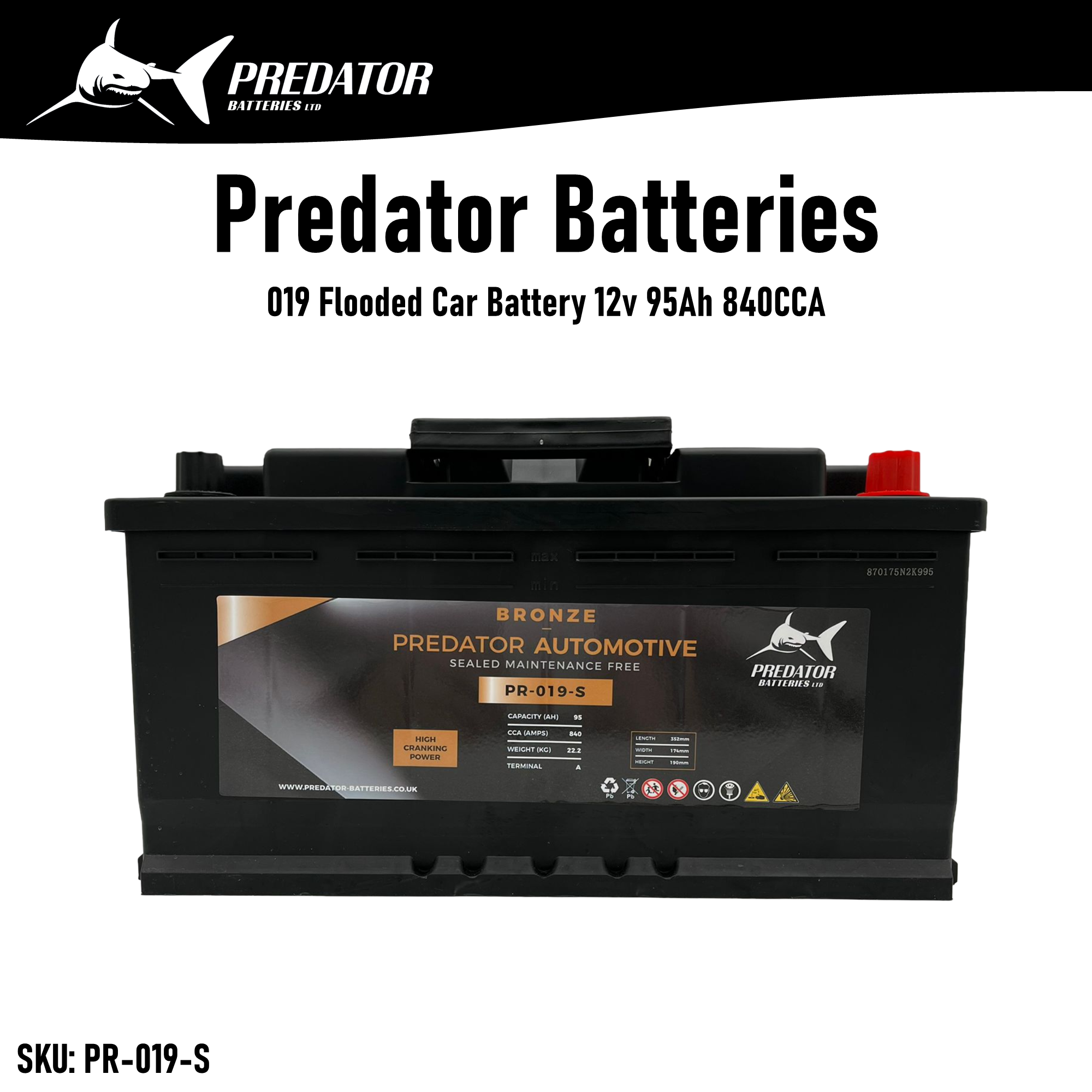 Predator Batteries Bronze 019 Flooded Car Battery – 3 Year Guarantee