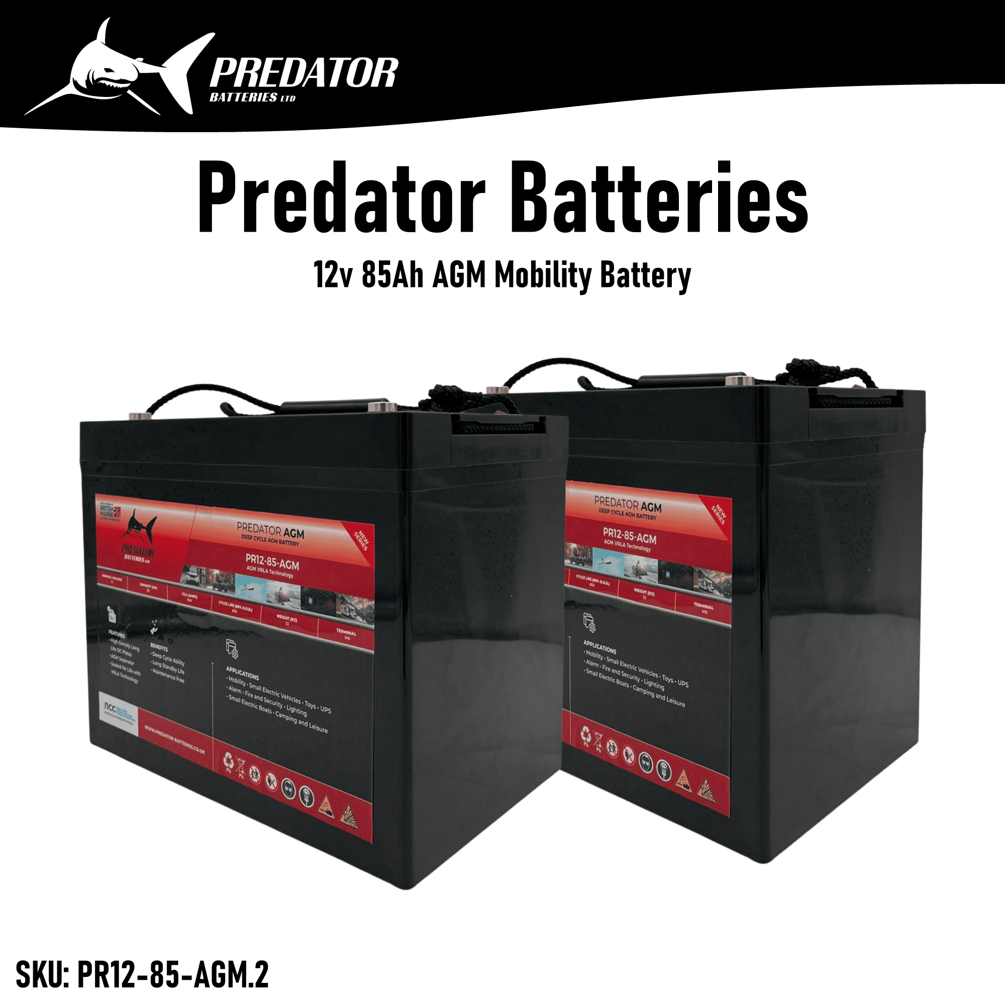 Pair of Predator Batteries 12v 85Ah AGM Mobility Battery – 1 Year Guarantee