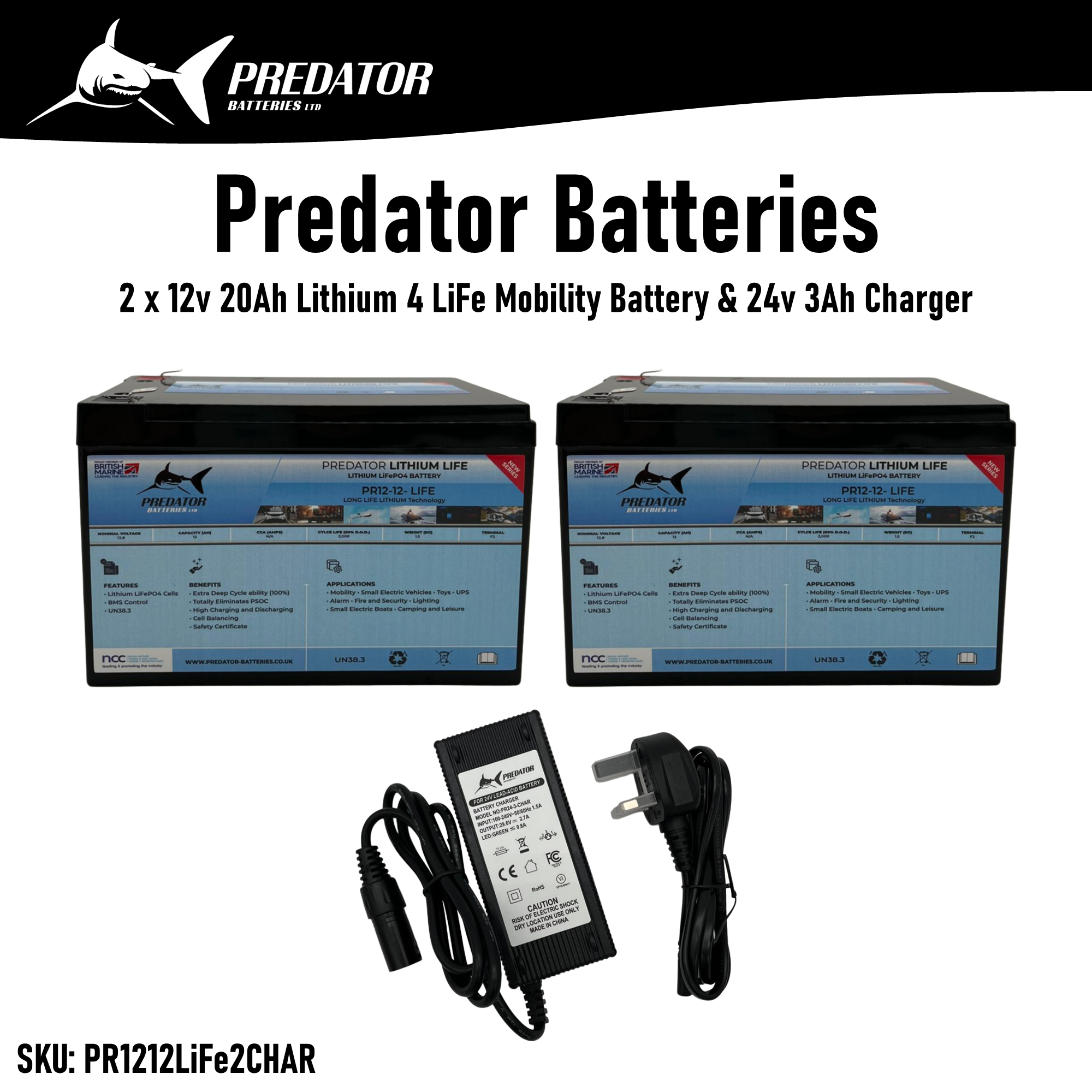 Predator Batteries 2 x 12v 12Ah Lithium 4 LiFe Mobility Battery & 24v 3Ah Charger