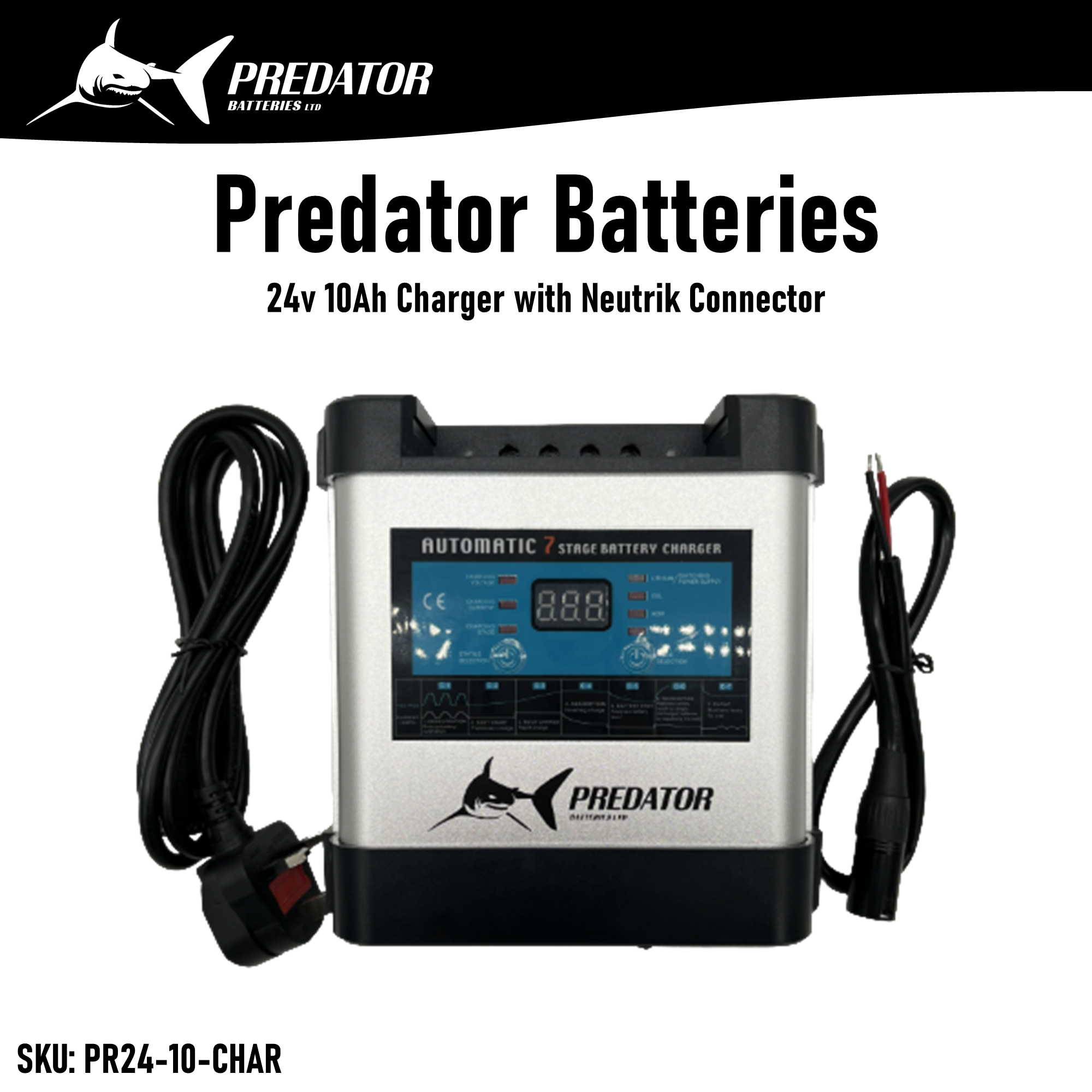 24V 10Ah Predator Batteries Automatic 7 Stage Charger with Neutrik Connector