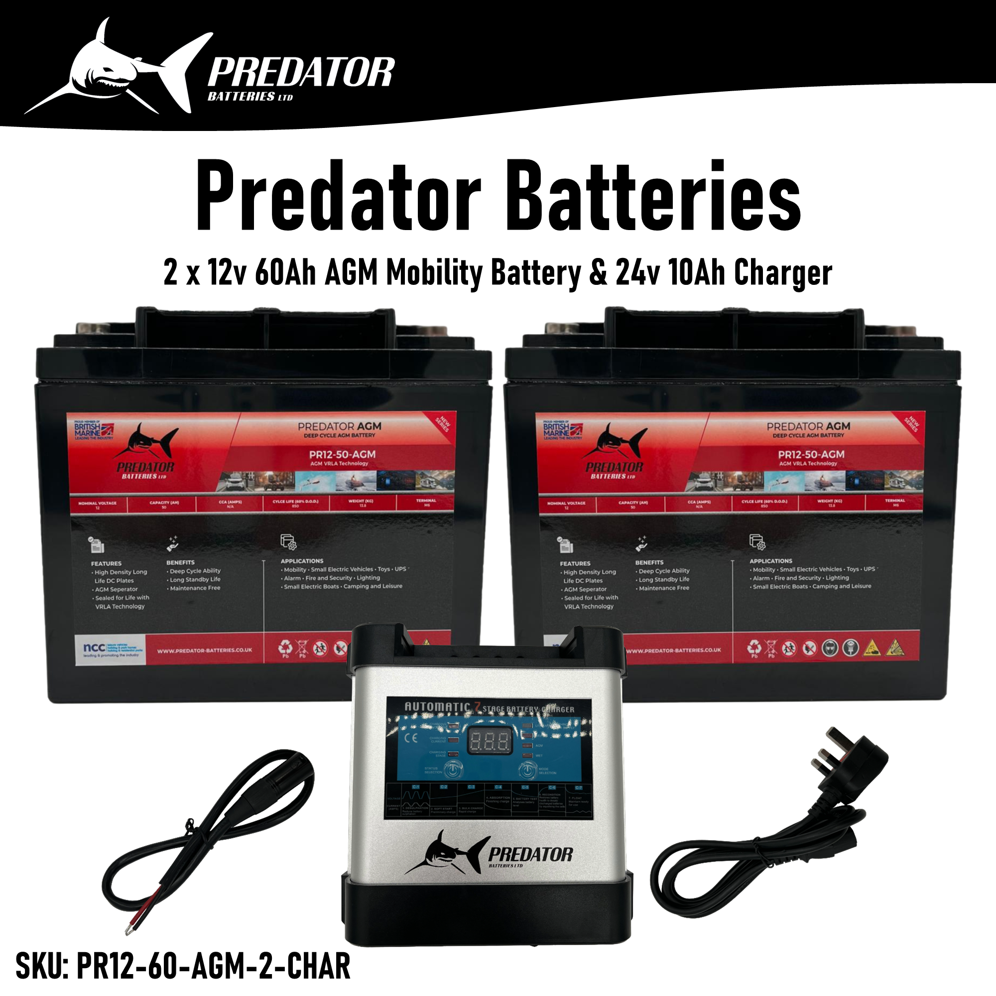 2 x 12v 60Ah AGM Battery for Mobility Scooters + 24v 10Ah Charger