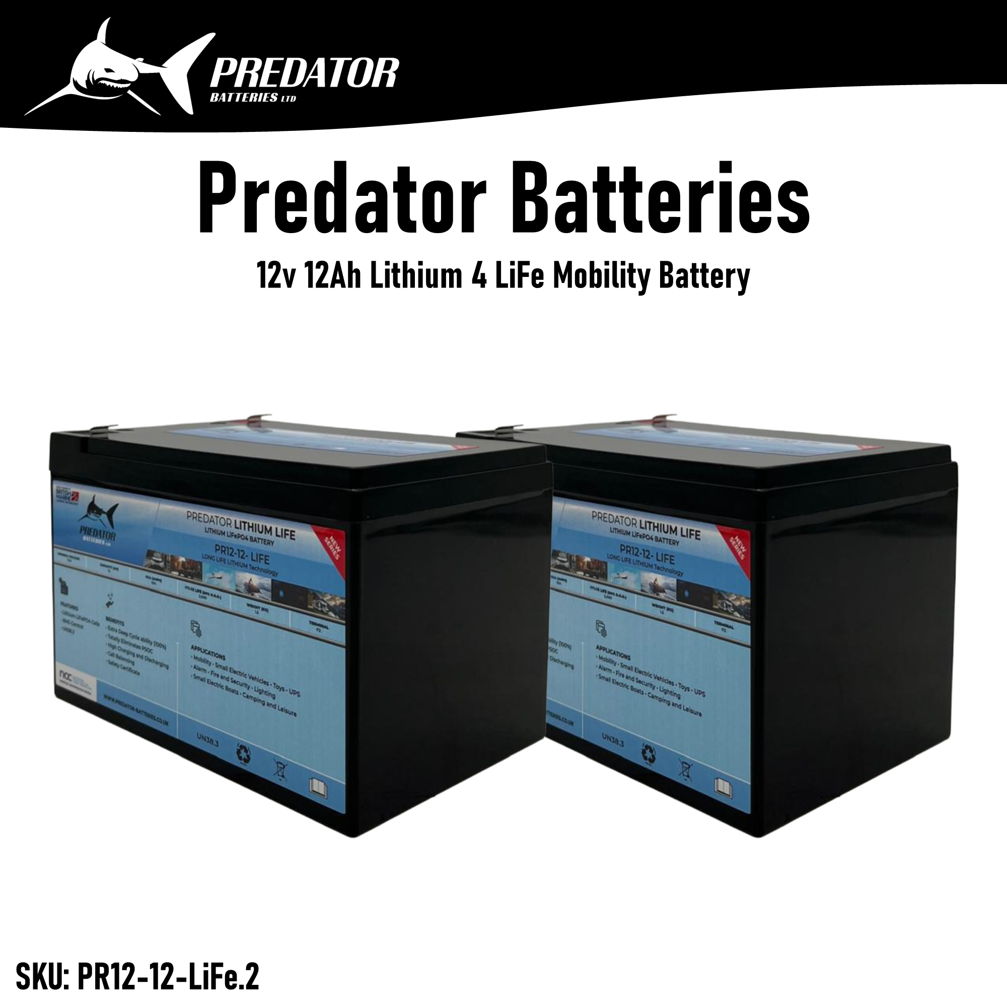 Pair of Predator Batteries 12v 12Ah Mobility Lithium 4 LiFe Battery – 3 Year Guarantee