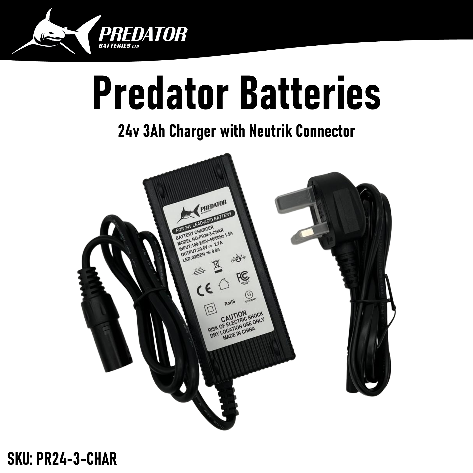 24v 3 Ah Predator Batteries Automatic 3 Stage Charger with Neutrik Connector