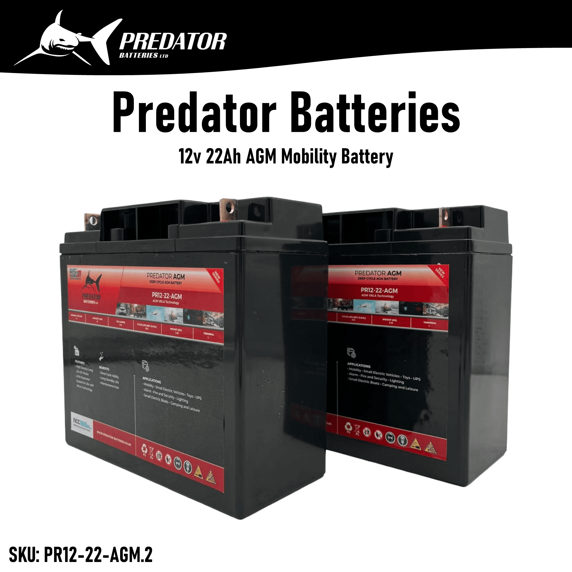 Predator Batteries 12v 22Ah AGM Mobility Battery – 1 Year Guarantee