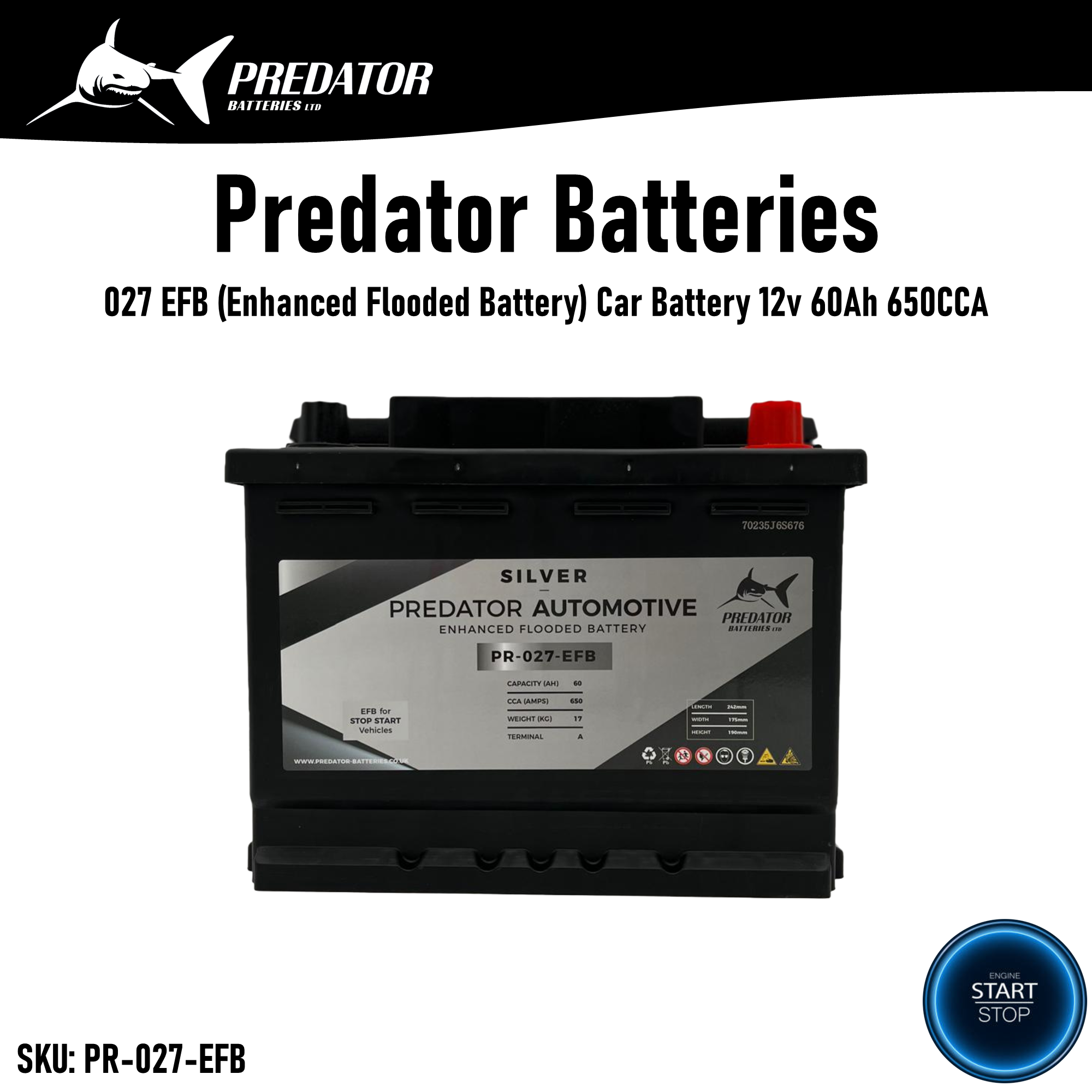 Predator Batteries Silver 027 EFB Car Battery – 4 Year Guarantee