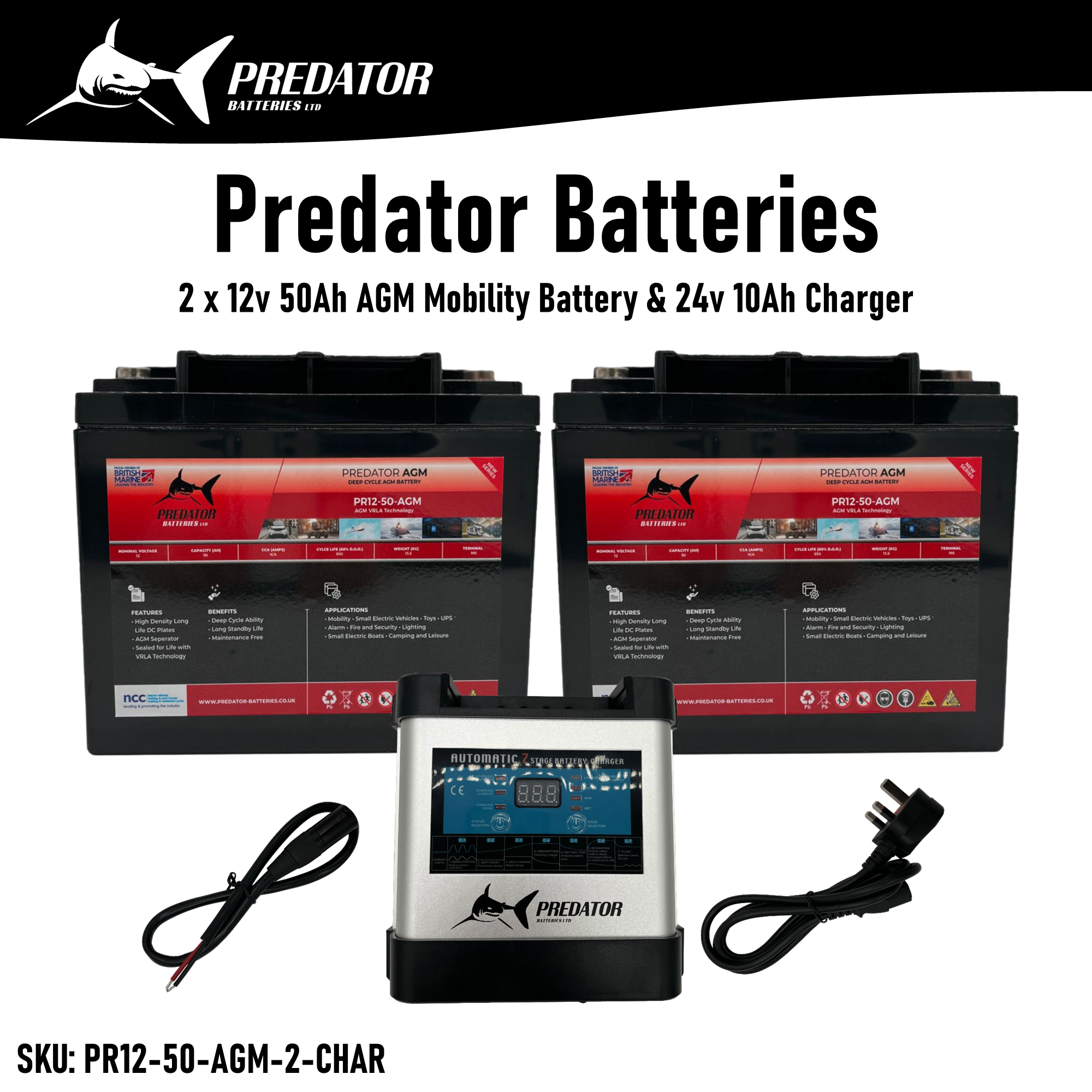 2 x 12v 50Ah AGM Battery for Mobility Scooters + 24v 10Ah Charger