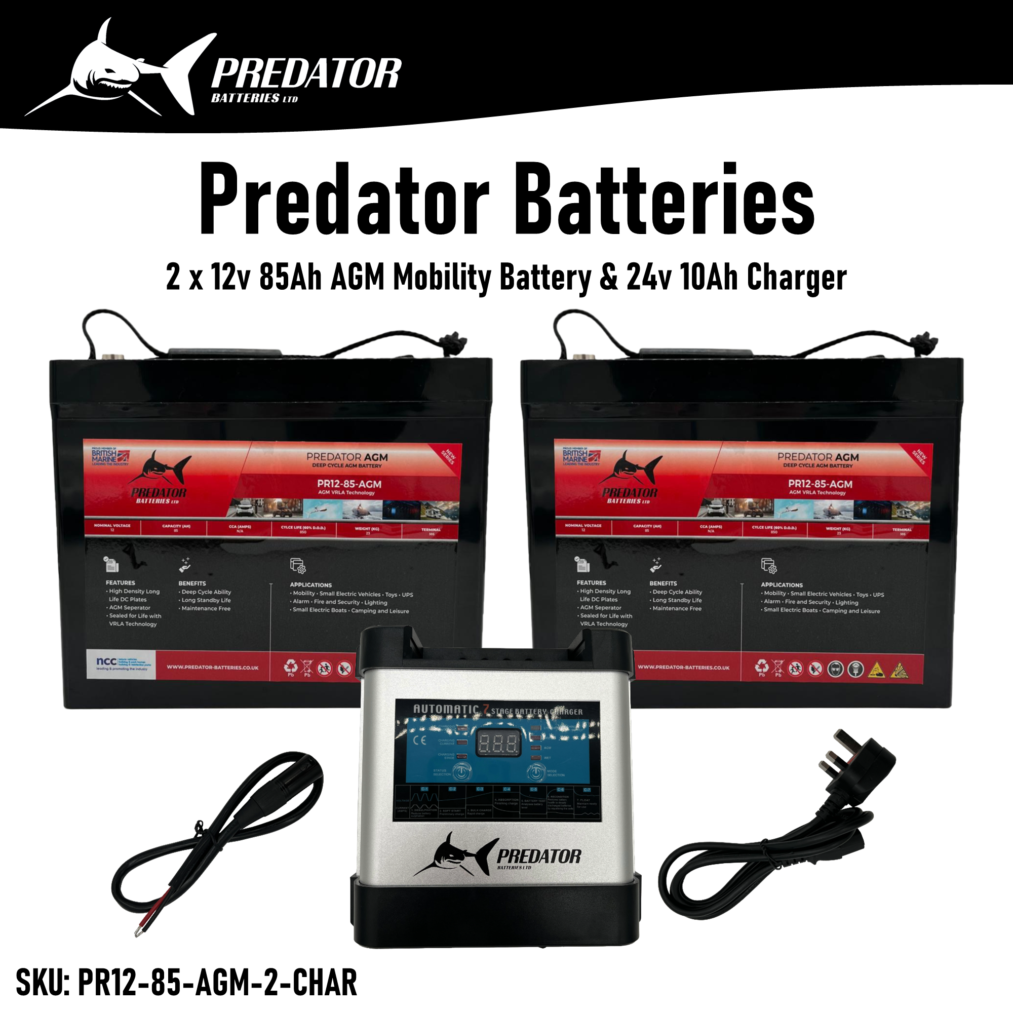  2 x 12v 50Ah AGM Battery for Mobility Scooters + 24v 10Ah Charger